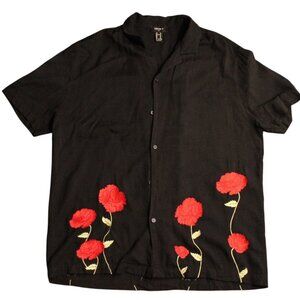Forever 21 Mens Black Button Shirt Red Embroidered Floral Design Medium
